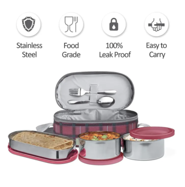 MILTON Corporate Lunch Stainless Steel Containers Set of 3, PINK 3 Containers Lunch Box (1060 ml)