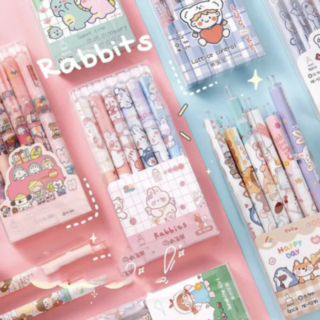 6PCS/Set Cute Cartoon Press Kawaii Pen Student Stationery Black Ball Point Pens Students Writing Tool